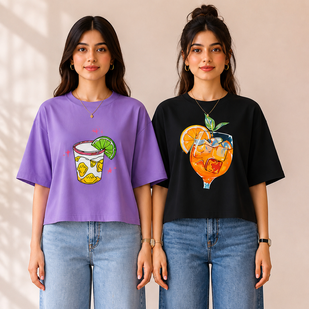 2 Pack Women’s Crop T-Shirt | Casual Oversized Graphic T-Shirts |TT-01