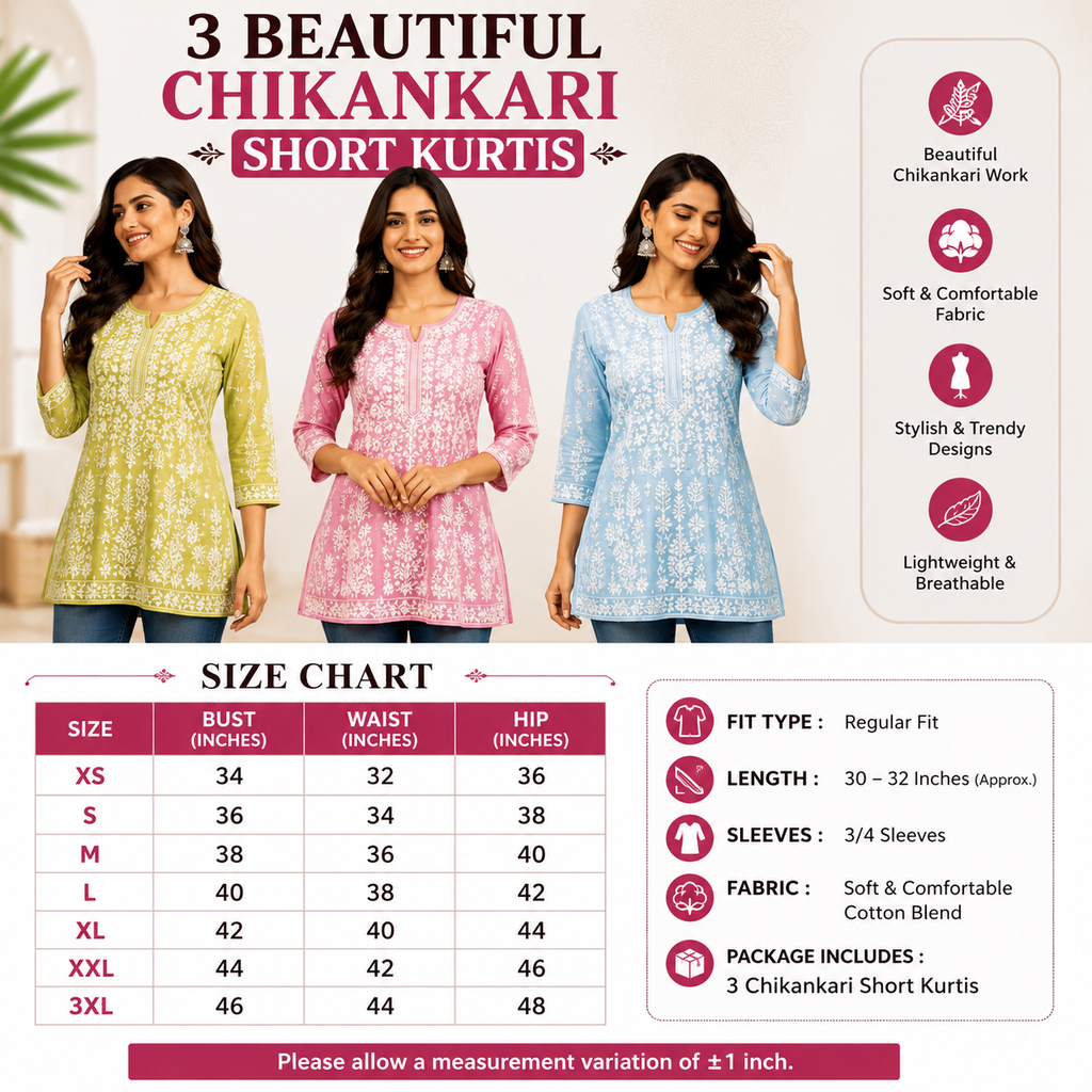 3 Chikankari Short Kurtis | CSK-02