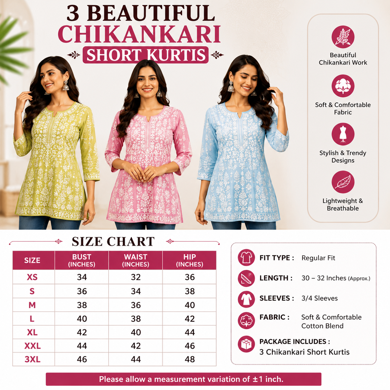 3 Chikankari Embroidery Short Kurtis | CSK-09